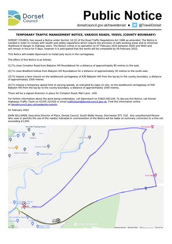 Road Closures 7th February Bradford Abbas Parish Council